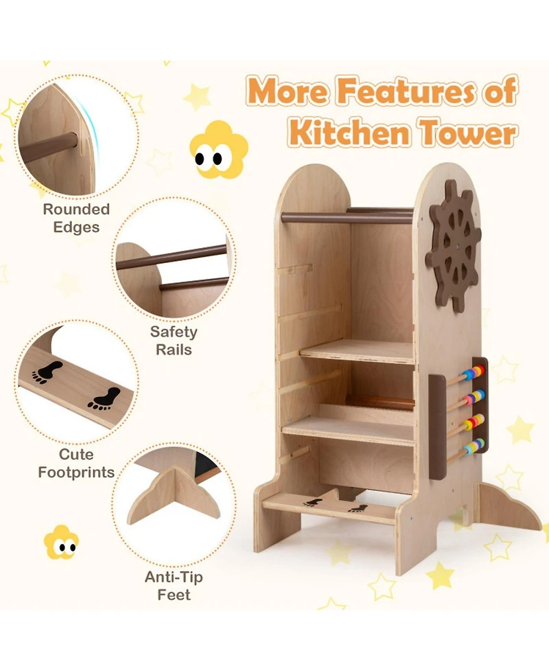 Sugift Kids 4-in-1 Adjustable Standing Tower with Chalkboard Slide and Montessori Games