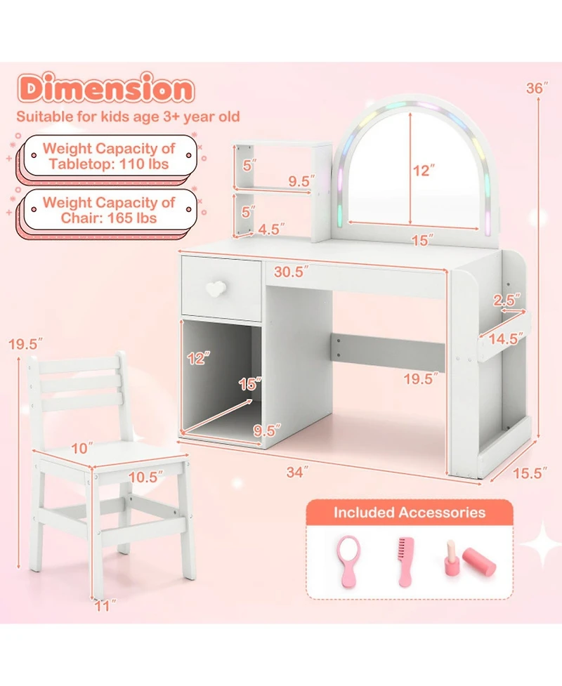 Sugift Kids Vanity Desk and Chair Set with Led-Lit Mirror and Multi-Tier Storage Shelves