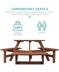 Gaomon 6-Person Round Natural Wood Outdoor Picnic Table with Attached Benches and Umbrella Hole for Patio Garden, Umbrella Not Included