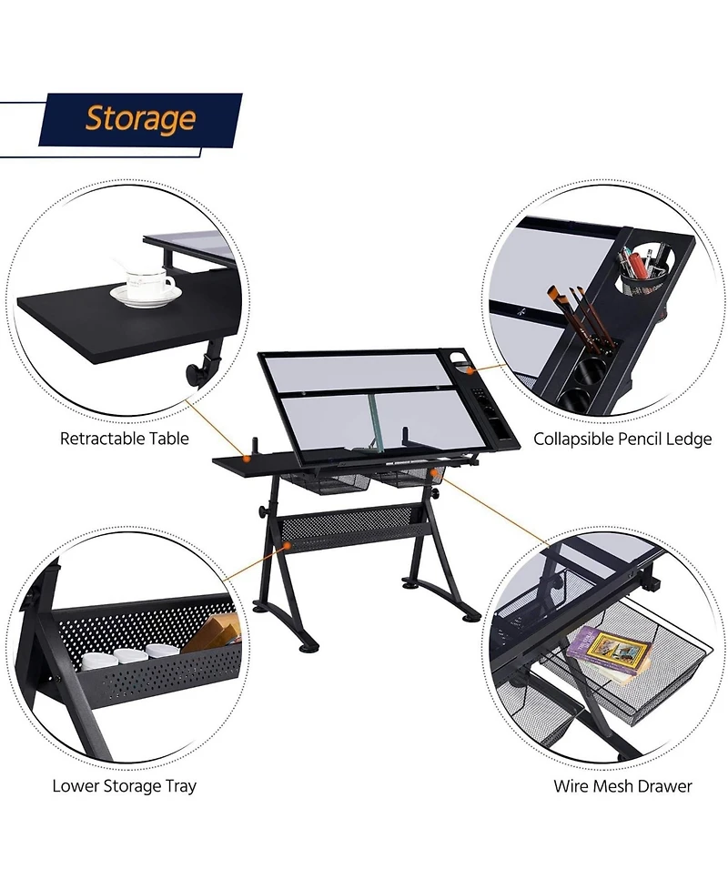 homfan Height Adjustable Drafting Table with Stool, Tilting Glass Top Art Desk with 2 Drawers
