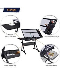 homfan Height Adjustable Drafting Table with Stool, Tilting Glass Top Art Desk with 2 Drawers