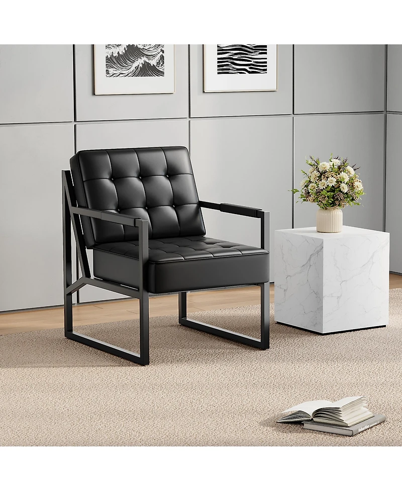 homfan Mid Century Accent Chair, Pu Leather Armchair with Metal Legs, Comfortable Stylish for Living Room, Bedroom, Reception and Office.