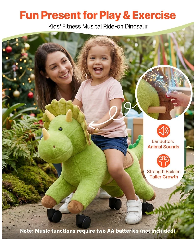 Hongge Kids Ride-On Dinosaur Toy with 360 Degree Caster Wheels, 88 lb Capacity, Ages 3+