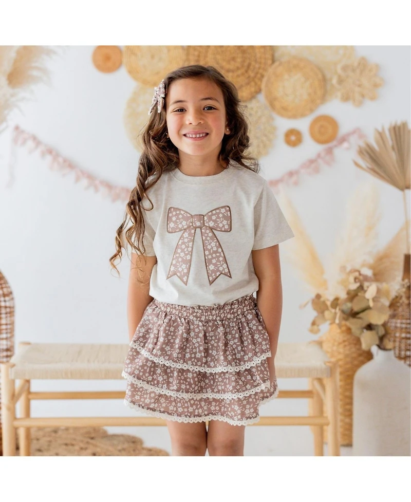 Sweet Wink Little Girls Mocha Floral Bow Patch Short Sleeve T-Shirt