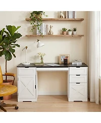 homfan 59" Farmhouse Computer Desk with 4 Drawers, Charging Station and Keyboard Tray