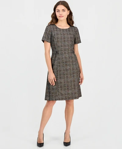 Connected Petite Tweed Plaid Short-Sleeve Shift Dress