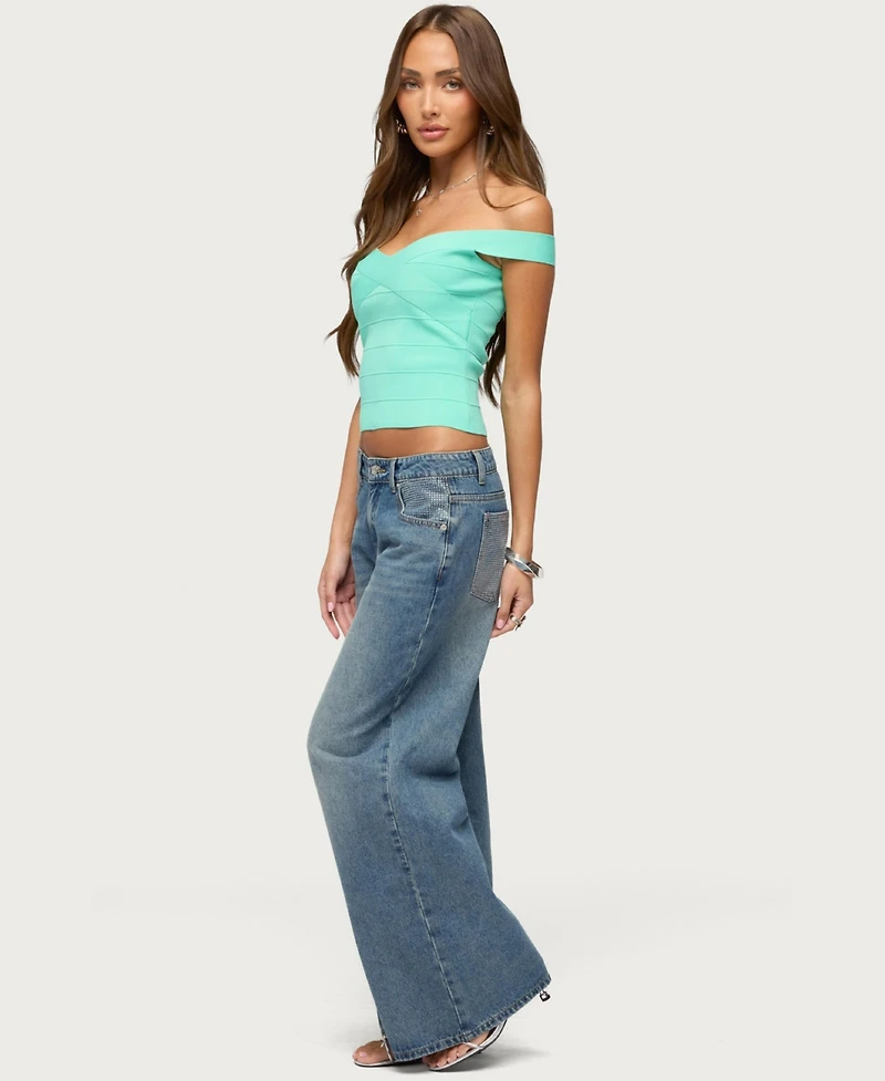 Edikted Women's Low-Rise Wide-Leg Rhinestone Jeans, 32" Inseam