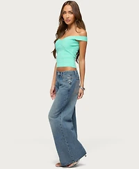 Edikted Women's Low-Rise Wide-Leg Rhinestone Jeans, 32" Inseam