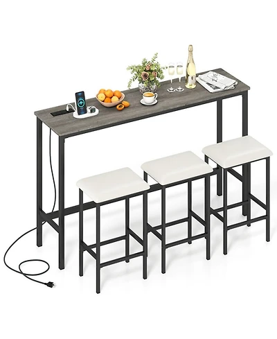 Sugift 4-Piece Counter Height Bar Table Set with Power Outlet and 3 Padded Stools