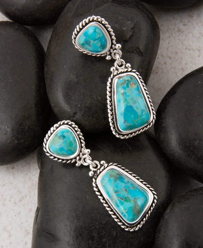 Barse Double Blue Turquoise Silver Drop Earrings