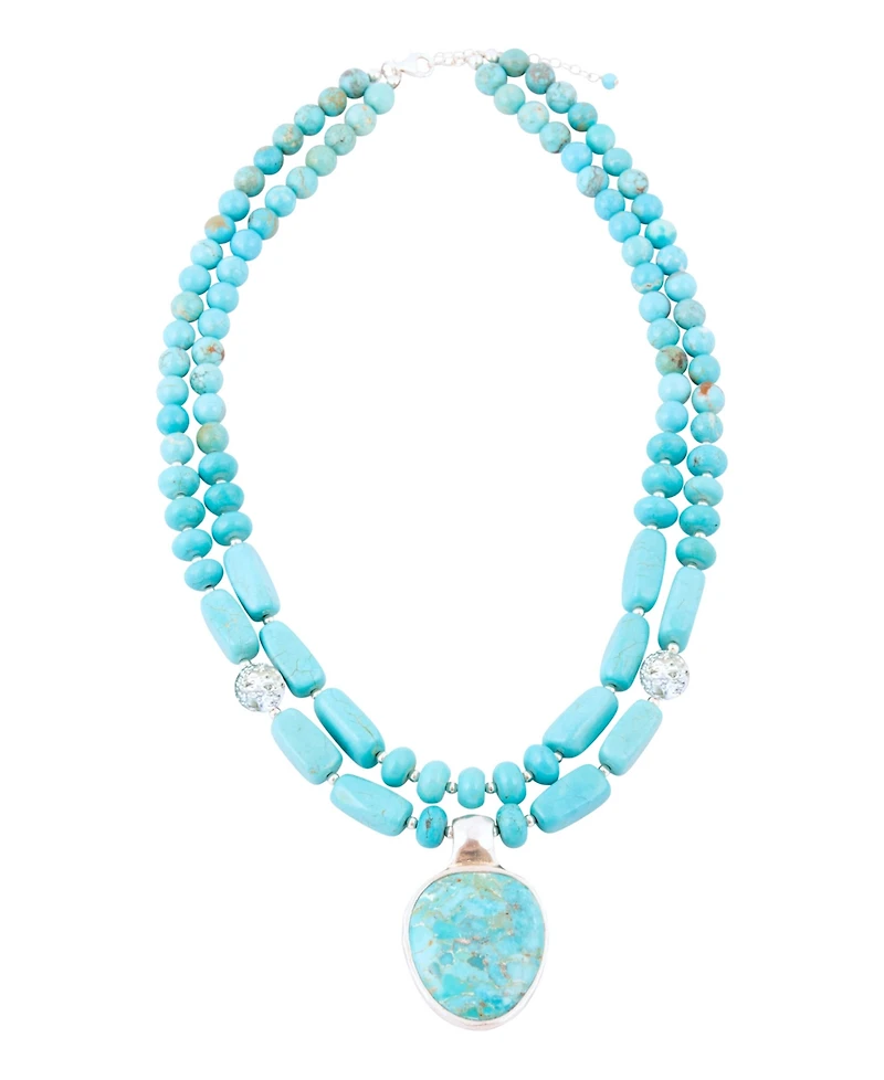 Barse Double Stranded Blue Turquoise Silver Statement Pendant Necklace