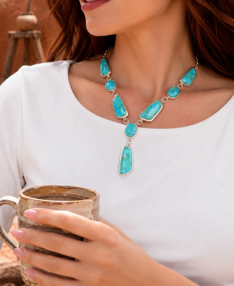 Barse Genuine Blue Turquoise Silver Abstract Statement Necklace