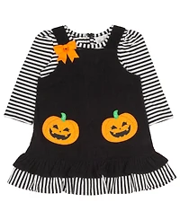Rare Editions Baby Girls' Black Pumpkin Applique Jumper with Striped and Sleeveless Dress