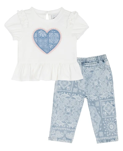 Rare Editions Baby Girls' Bubble Sleeve Top with Applique to Bandana Print Pants, 2-Piece Set