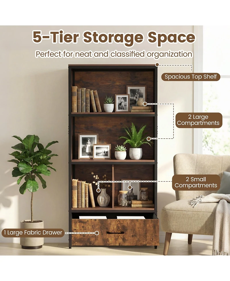 Costway 5-Tier Industrial Freestanding Bookcase with 4 Storage Compartments and Fabric Drawer