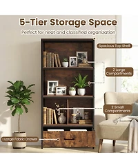 Costway 5-Tier Industrial Freestanding Bookcase with 4 Storage Compartments and Fabric Drawer
