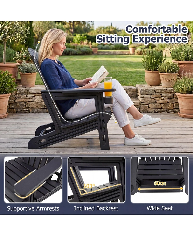 Sugift Hdpe Adirondack Chair with Cup Holder and Wood Texture for Patio