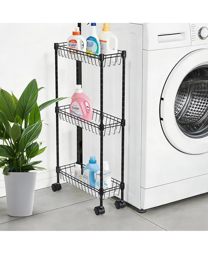 homfan Slim Rolling Storage Cart with Wheels, 3-Tier Metal Utility Cart with Adjustable Shelving Basket, Narrow Corner Organizer for Kitchen Bathroom
