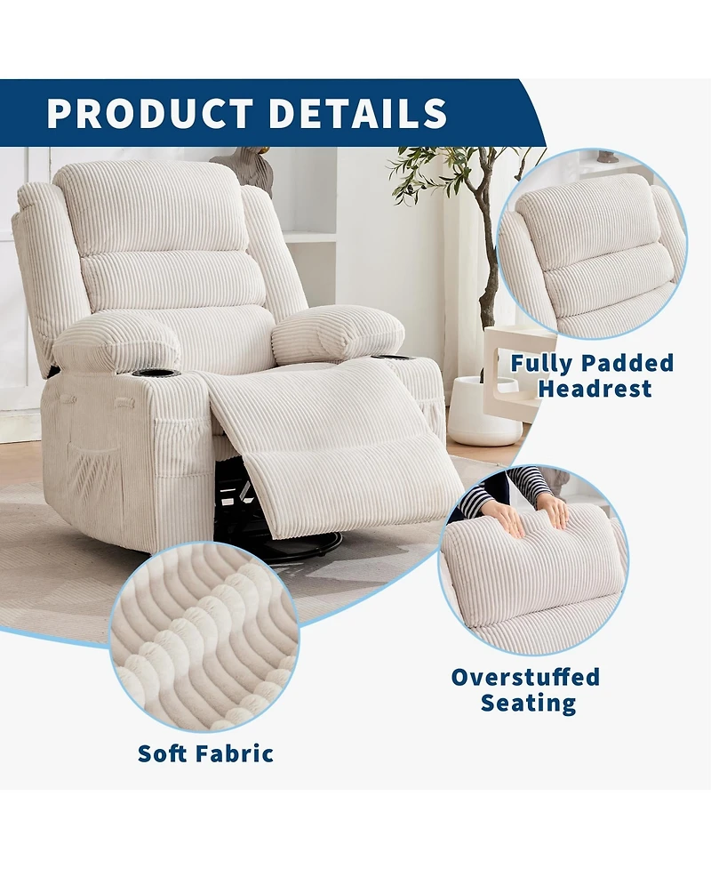 homfan Rocking Recliner for Adults Oversized 360degree(s) Swivel Manual | Soft Corduroy with Cup Holder Side Pockets Living Room