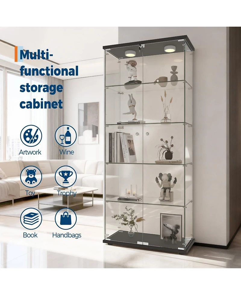 homfan Led-Lit Glass Display Cabinet, 5 Adjustable Shelves, Locking Doors, Curio for Collectibles, Figures, Models, Modern Organizer Living Room