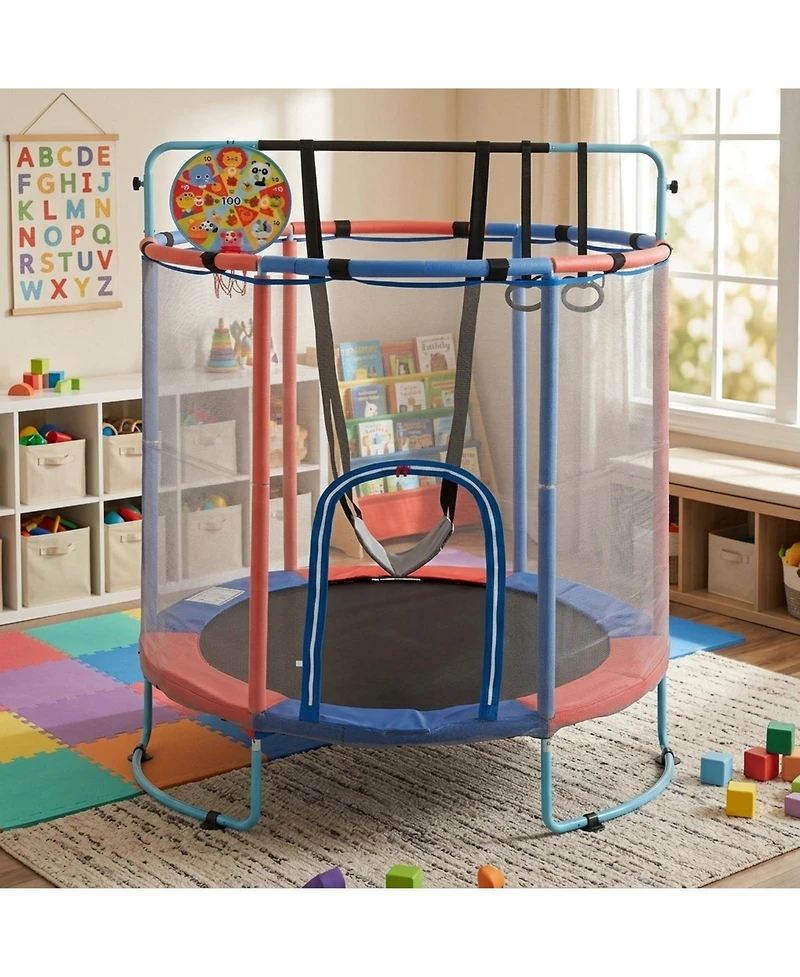 Sugift 55" Kids Trampoline with Adjustable Gymnastics Bar, Basketball Hoop and Swing, Ages 3+
