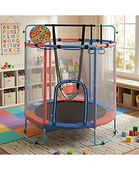 Sugift 55" Kids Trampoline with Adjustable Gymnastics Bar, Basketball Hoop and Swing, Ages 3+