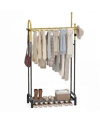 Hongge Freestanding Double Rod Garment Rack with Bottom Shoe Shelf