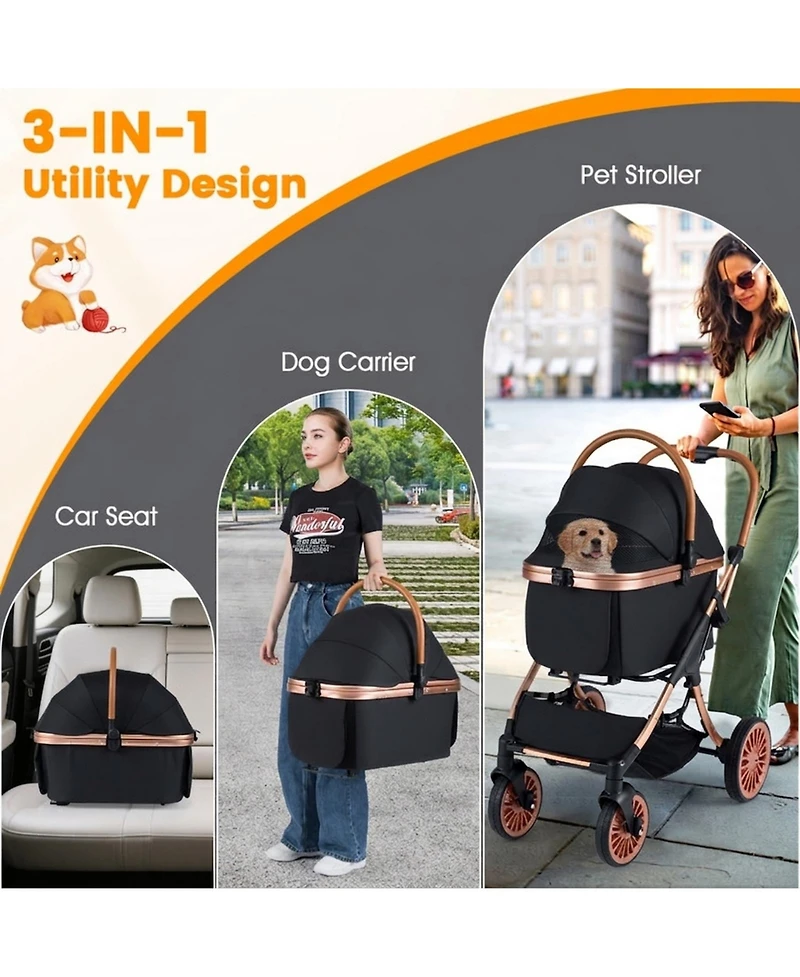Hongge Aluminum Frame 3-in-1 Pet Stroller for Pets up to 55 lbs