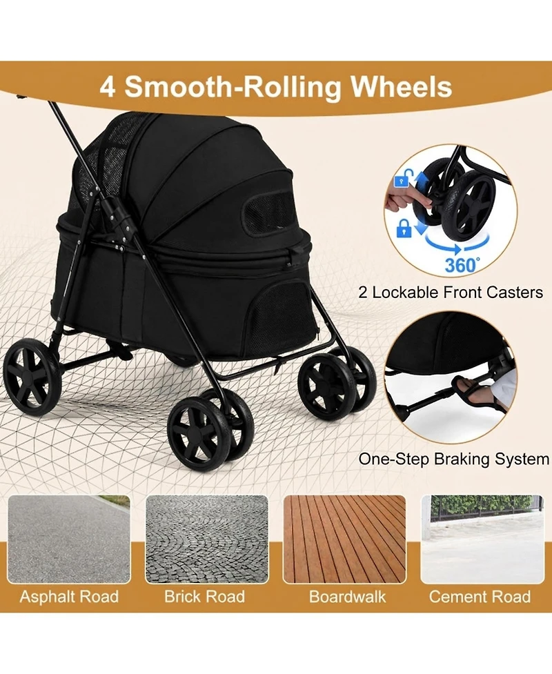 Hongge Foldable Pet Stroller with One-Step Rear Wheel Brake