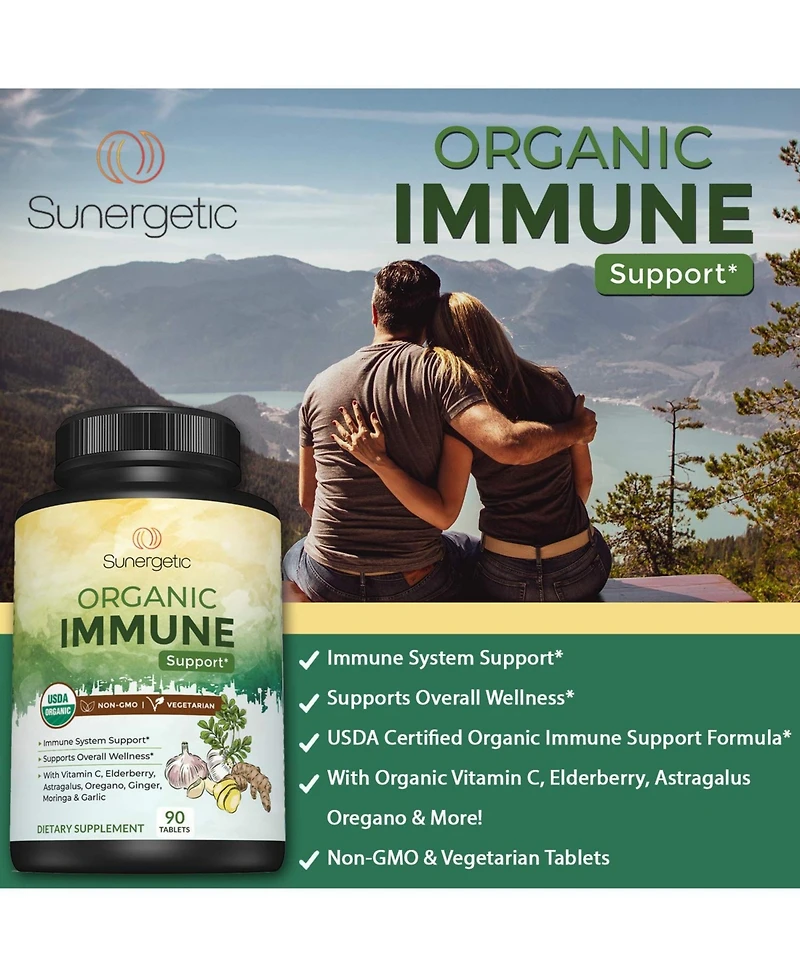 Sunergetic Immune Supplement with Vitamin C, Elderberry, Astragalus, Oregano, Ginger, Moringa and Garlic, 90 Tablets