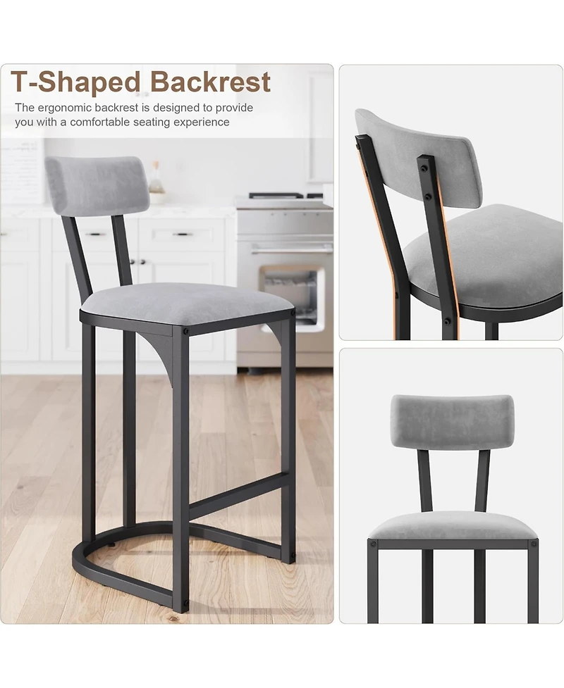 homfan Bar Stools Set of 4, Counter Height Stools with Curved Back, Upholstered Seats, Metal Frame and Footrest for Kitchen Island and Dining Room