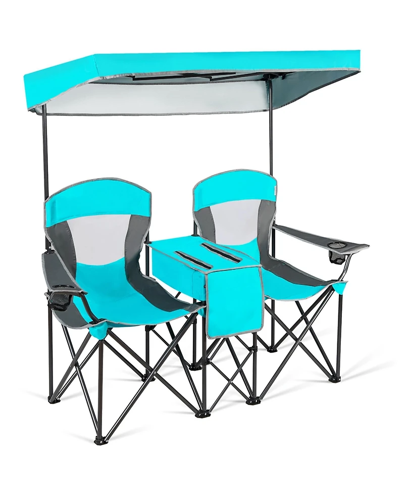 Gymax Folding 2-person Camping Chairs Double Sunshade Chairs with Canopy Patented