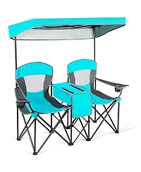 Gymax Folding 2-person Camping Chairs Double Sunshade Chairs with Canopy Patented