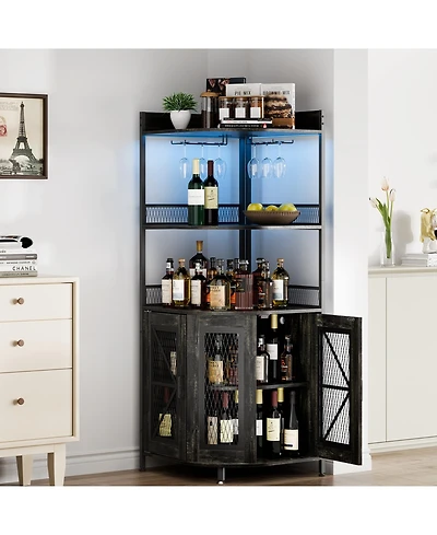 homfan 64 Inch Industrial 5-Tiers Corner Wine Cabinet with Power Outlet,Led Lights, Glass Holder, Liquor Storage Display Shelf for Living Room,Kitchen