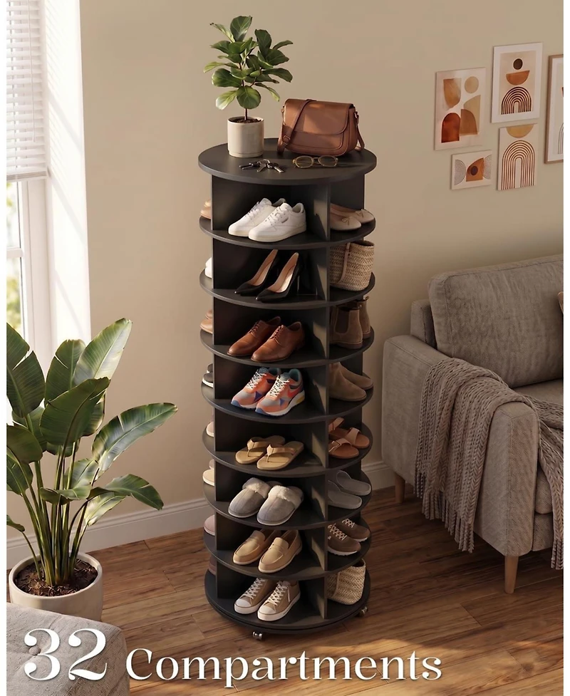 Aecojoy 8 Tier Rotating Shoe Rack with 2 Drawers and Casters Spinning Storage Tower Organizer
