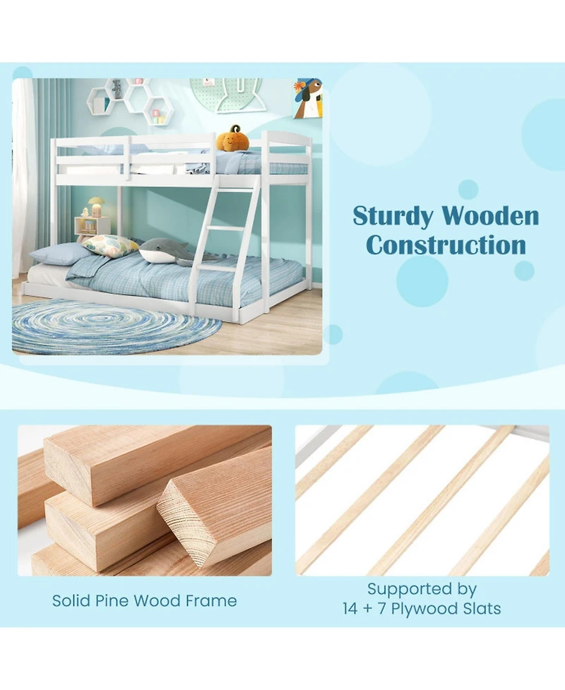 Sugift Twin Over Full Low Floor Wooden Bunk Bed Frame