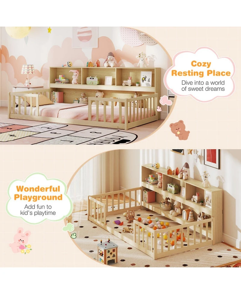 Sugift Twin Size Montessori Floor Bed with Attached Bookcase and Fence Rails