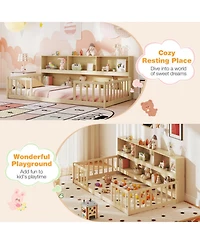 Sugift Twin Size Montessori Floor Bed with Attached Bookcase and Fence Rails