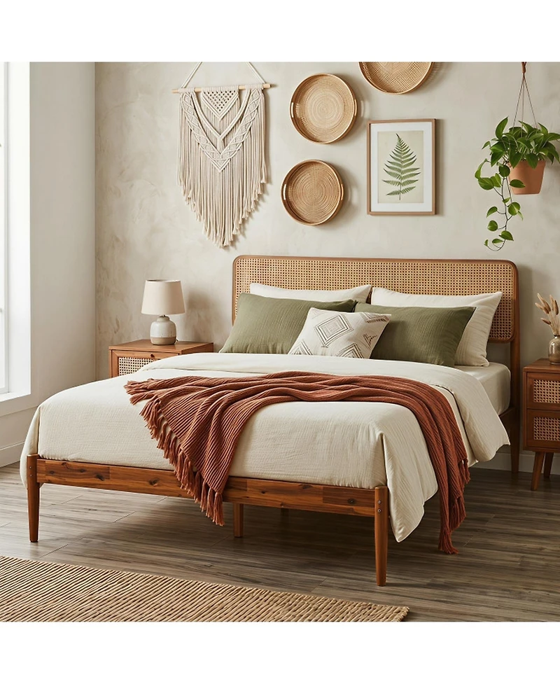 Sugift Full Size Acacia Wood Platform Bed with Woven Rattan Headboard and Slats