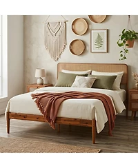 Sugift Full Size Acacia Wood Platform Bed with Woven Rattan Headboard and Slats