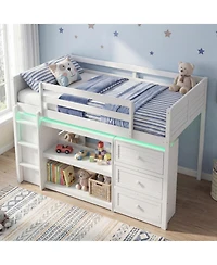 Sugift Twin Size Wooden Loft Bed with Led Lights Storage Shelves and Drawers