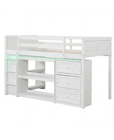 Sugift Twin Size Wooden Loft Bed with Led Lights Storage Shelves and Drawers