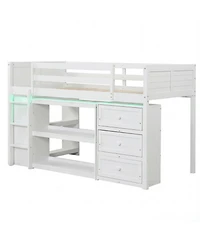 Sugift Twin Size Wooden Loft Bed with Led Lights Storage Shelves and Drawers