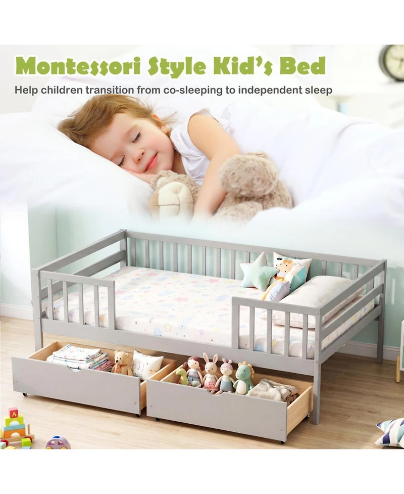 Sugift Full Size Wooden Daybed with Fence Guardrails and 2 Storage Drawers
