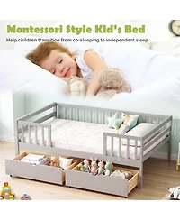 Sugift Full Size Wooden Daybed with Fence Guardrails and 2 Storage Drawers