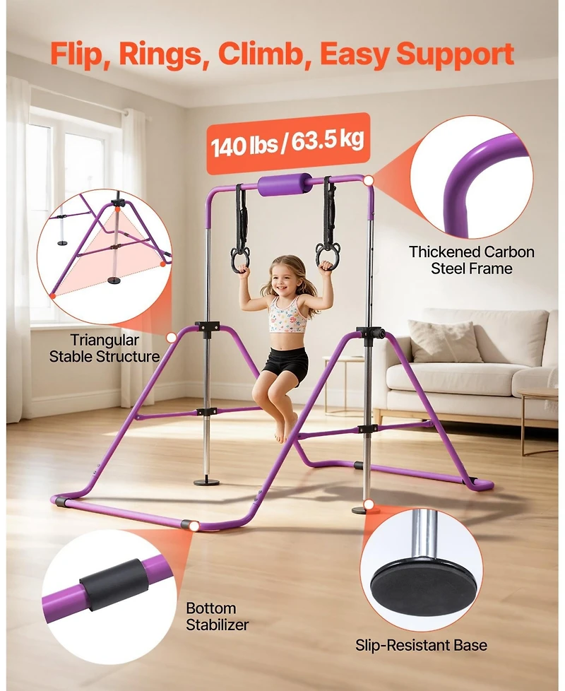 Sugift Kids Folding Gymnastic Kip Bar Adjustable 36-52 in Height 140 lbs Capacity for Ages 3-8