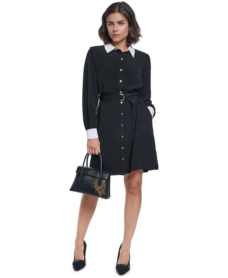 Karl Lagerfeld Paris Women's Belted Contrast-Collar Shirtdress