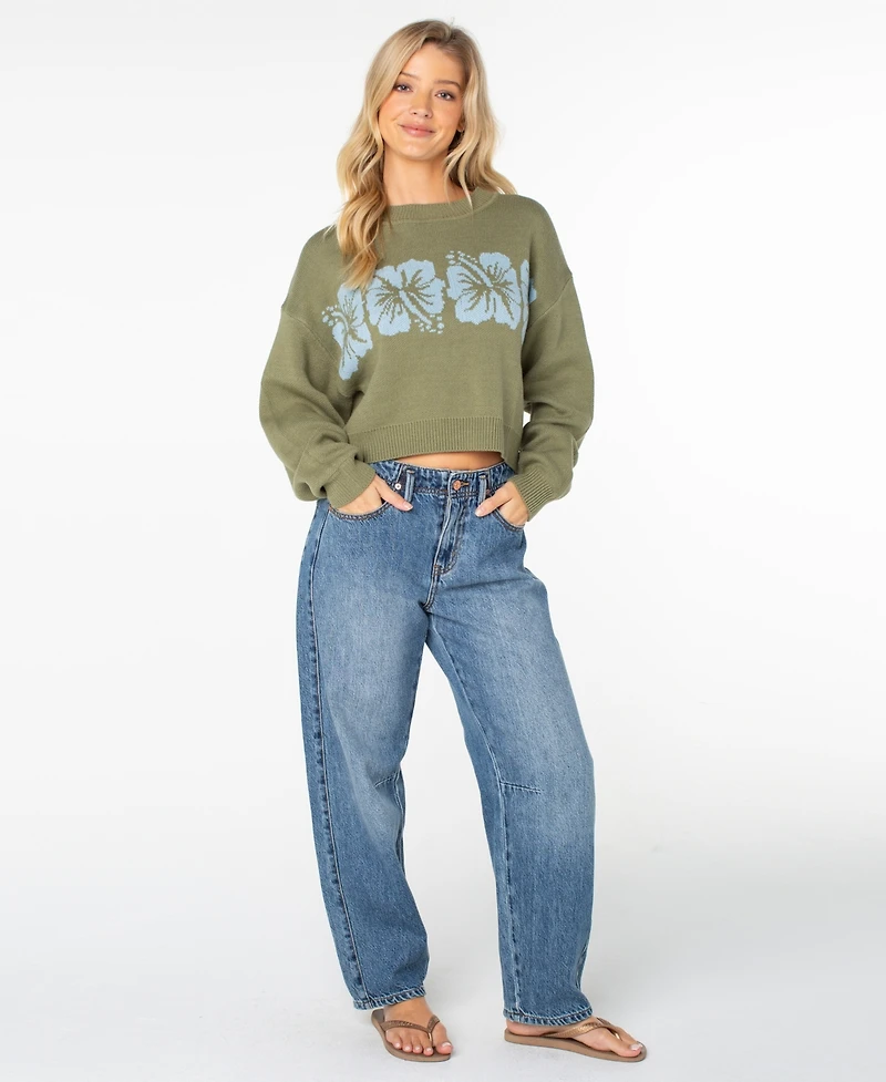 Roxy Women's Hibiscus Harmony Long-Sleeve Crop Floral Sweater