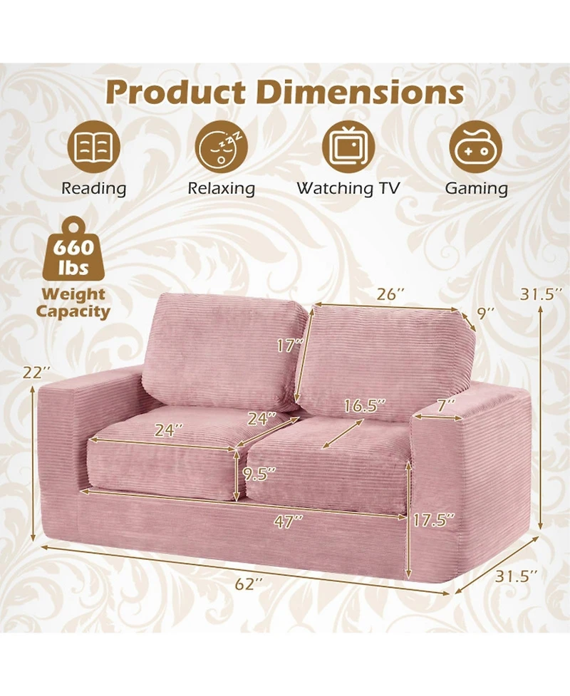Sugift 2-Seater Floor Couch Loveseat Foam Sofa with Removable Washable Corduroy Cover