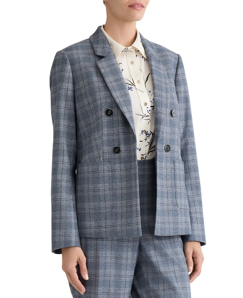 Jones New York Plus Faux Double-Breasted Plaid Patch-Pocket Blazer